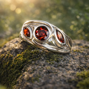 Ignite your spirit with this handcrafted sterling silver ring, featuring three luminous garnet gemstones set in a flowing, organic band. Each garnet — deep red and faceted to perfection — symbolizes passion, vitality, and emotional balance. The polished silver curves gracefully around the stones, reflecting light and life with every movement. Inspired by nature’s harmony and timeless elegance, this piece is more than jewelry — it’s a talisman of inner fire and refined taste. Whether worn as a personal signature or gifted as a heartfelt gesture, it speaks to those who cherish beauty with meaning.
