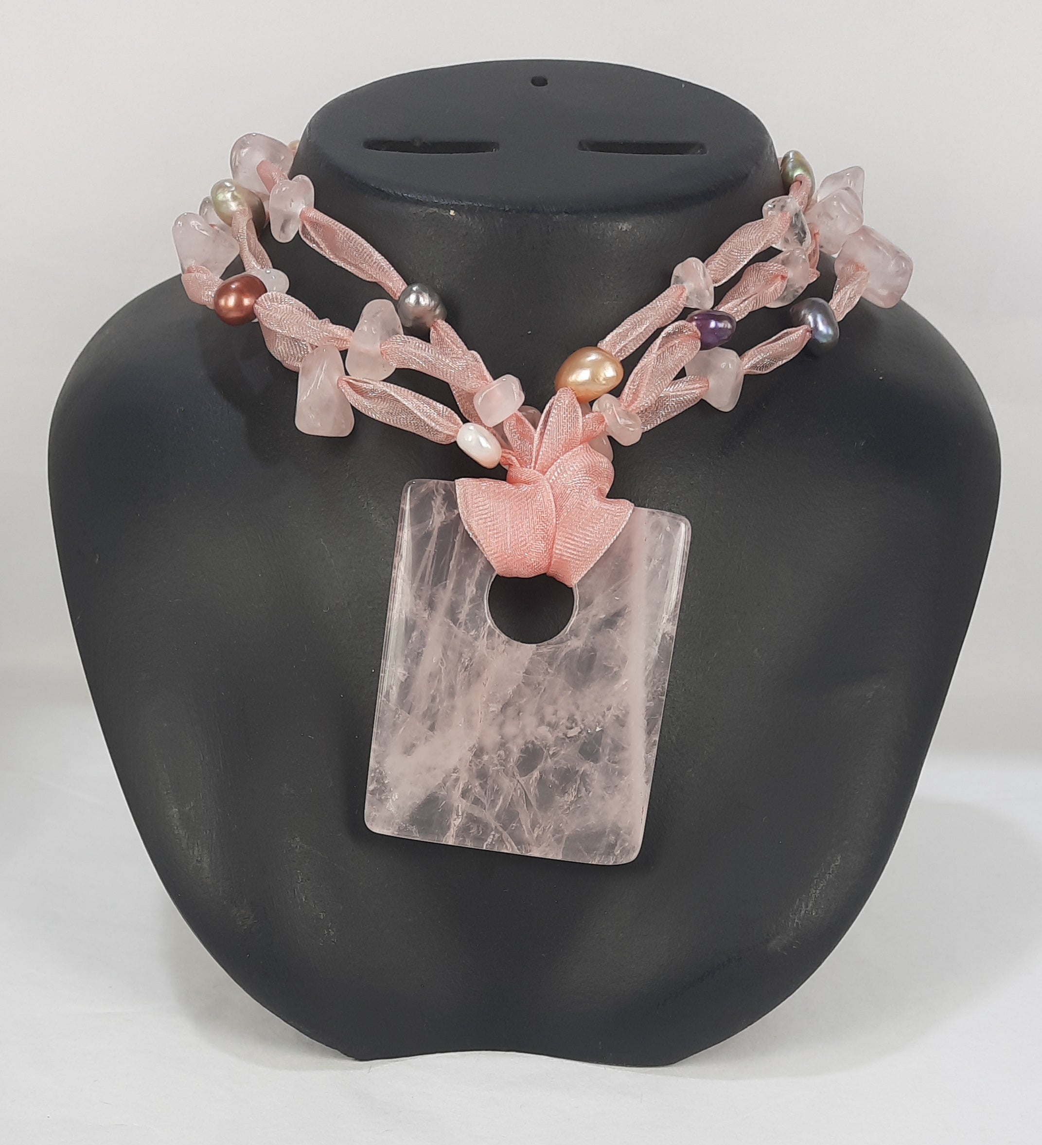 Ribbon Rose Quartz Necklace Rectangle