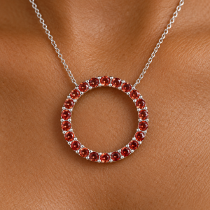Crimson gem hoop necklace close-up