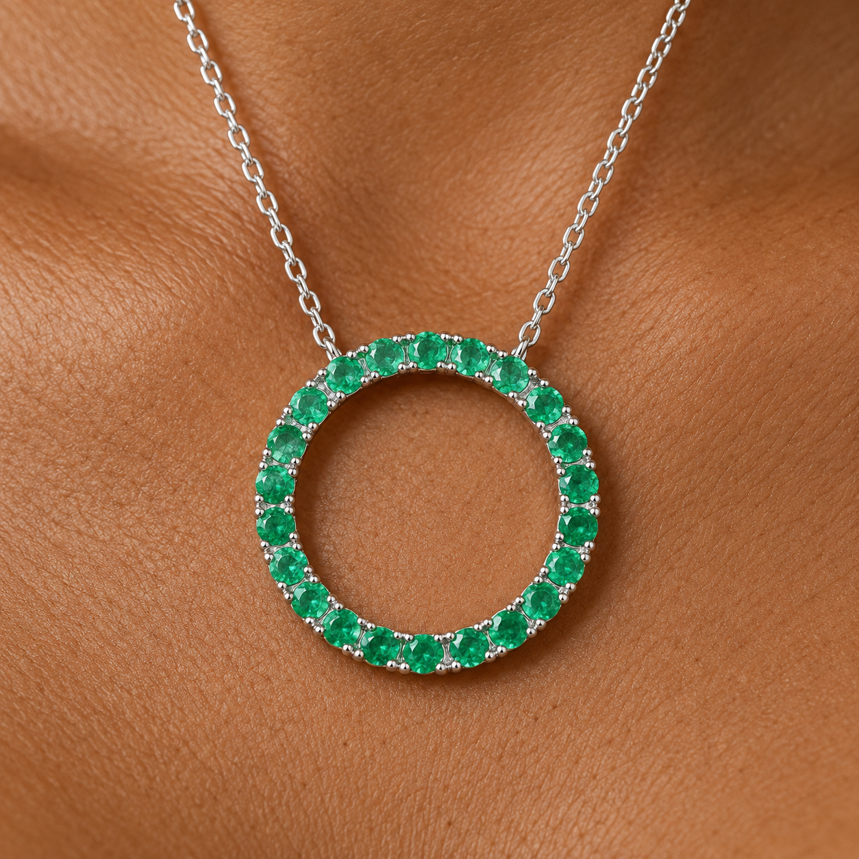 Emerald Hoop Pendant on Warm Skin