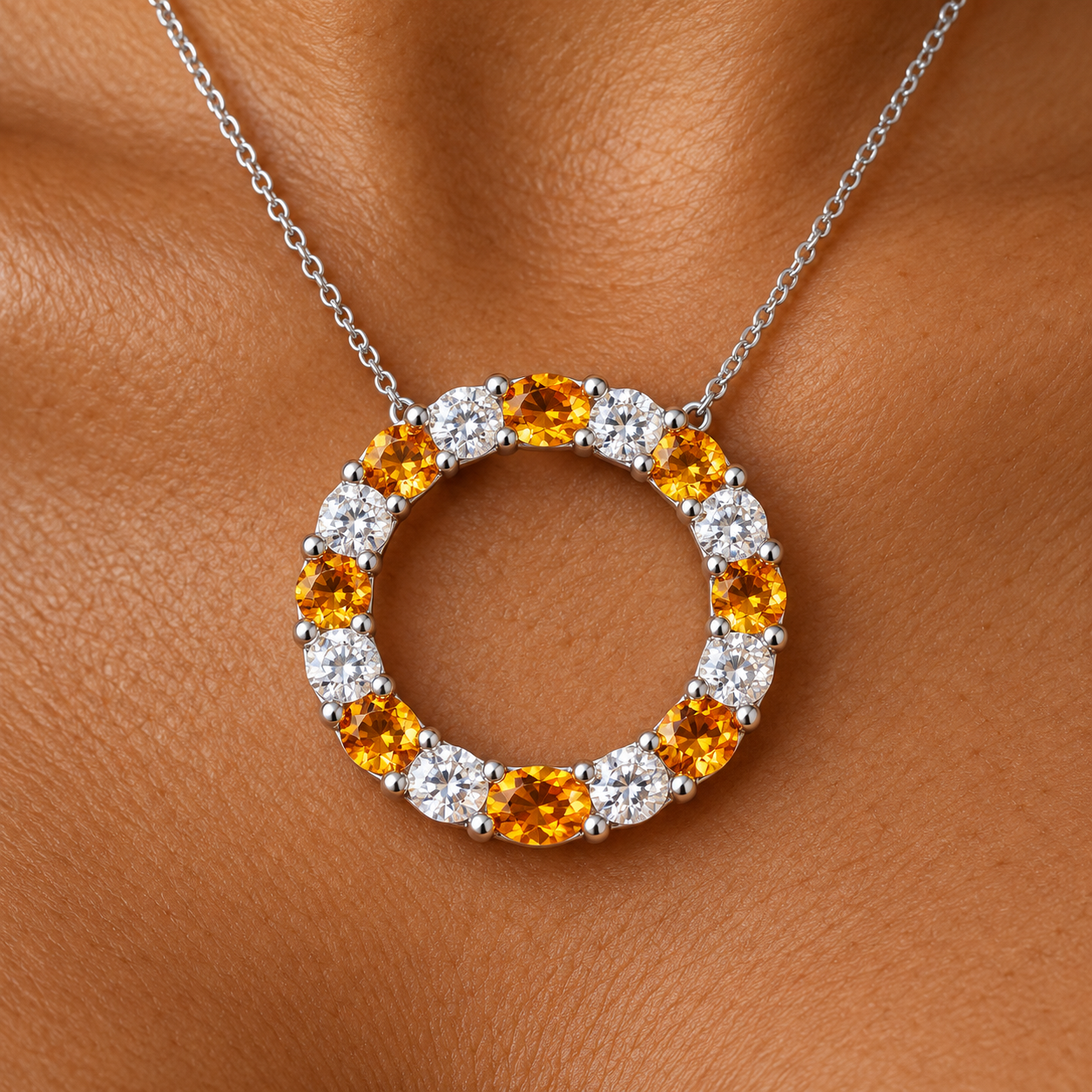 Circle of Life Citrine & Crystal Quartz Necklace – 18 Stone Harmony Pendant 1 Golden citrine pendant on warm skin