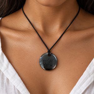 hematite-engraved-lion-disc-pendant-black-cord-gecko-jewellers