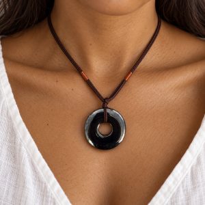 hematite-donut-ring-pendant-brown-cord-gecko-jewellers