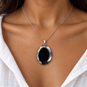 hematite-faceted-oval-pendant-silver-tone-bail-gecko-jewellers