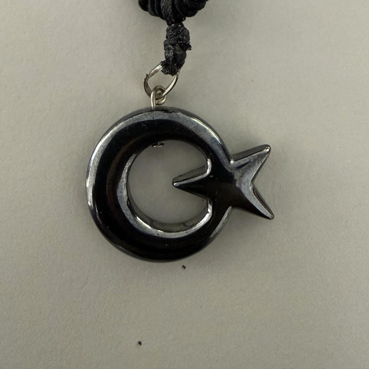 Hematite Crescent Star Pendant Necklace – Woven Cord 2 Hematite Crescent Star Pendant Necklace – Woven Cord - Image 2