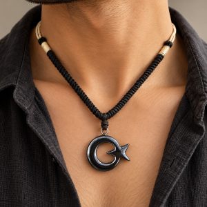 hematite-crescent-star-pendant-necklace-woven-cord