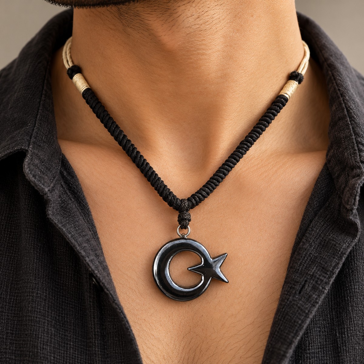 Hematite Crescent Star Pendant Necklace – Woven Cord 1 Hematite Crescent Star Pendant Necklace – Woven Cord