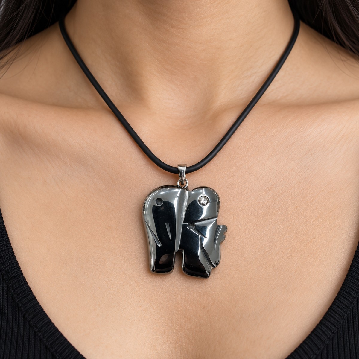 Hematite Elephant Pendant Necklace – Carved Design 1 Hematite Elephant Pendant Necklace – Carved Design