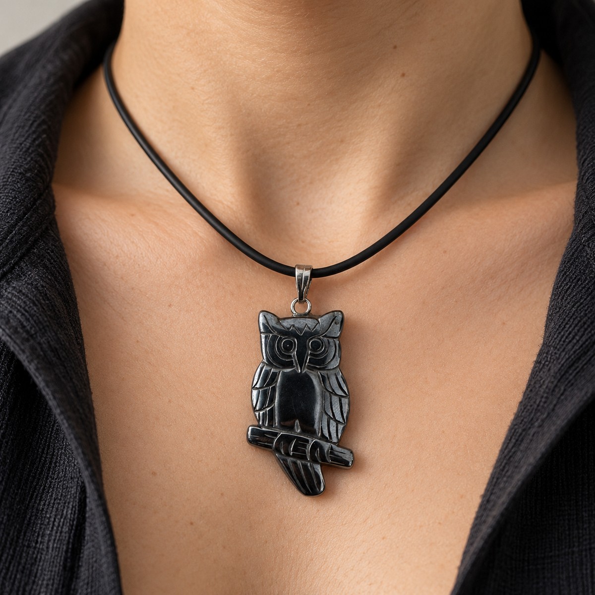 Hematite Owl Pendant Necklace – Carved Design 1 Hematite Owl Pendant Necklace – Carved Design