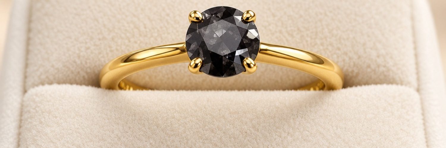 Oval black gemstone solitaire ring with a gold-coloured band and four-claw setting at Gecko Jewellers in Midrand.